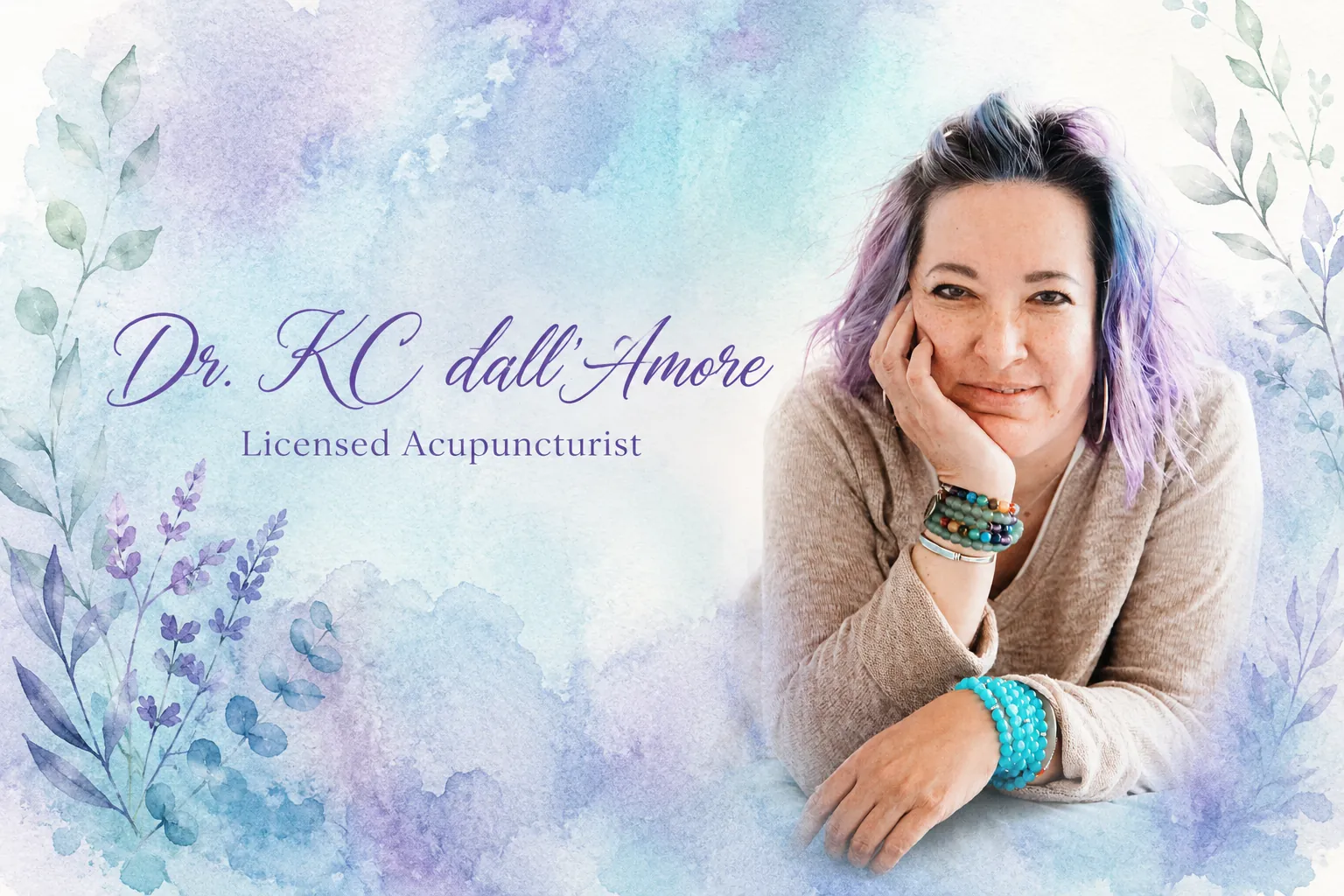 Dr. KC dall'Amore, Licensed Acupuncturist, in a watercolor-framed portrait