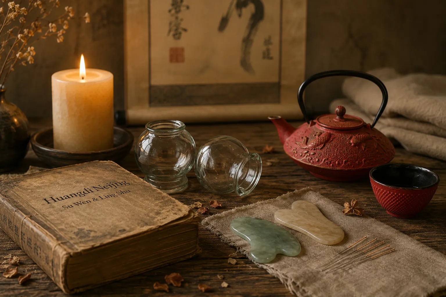 Candlelit treatment-room table with glass cupping jars, jade GuaSha tools on linen, a cast-iron teapot, and a classic Chinese medicine text