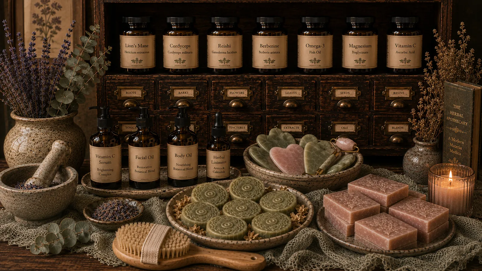 An atmospheric apothecary still life with an antique wooden cabinet of small drawers, amber glass jars and dropper bottles, handmade soaps, jade GuaSha stones, a mortar and pestle, and dried lavender