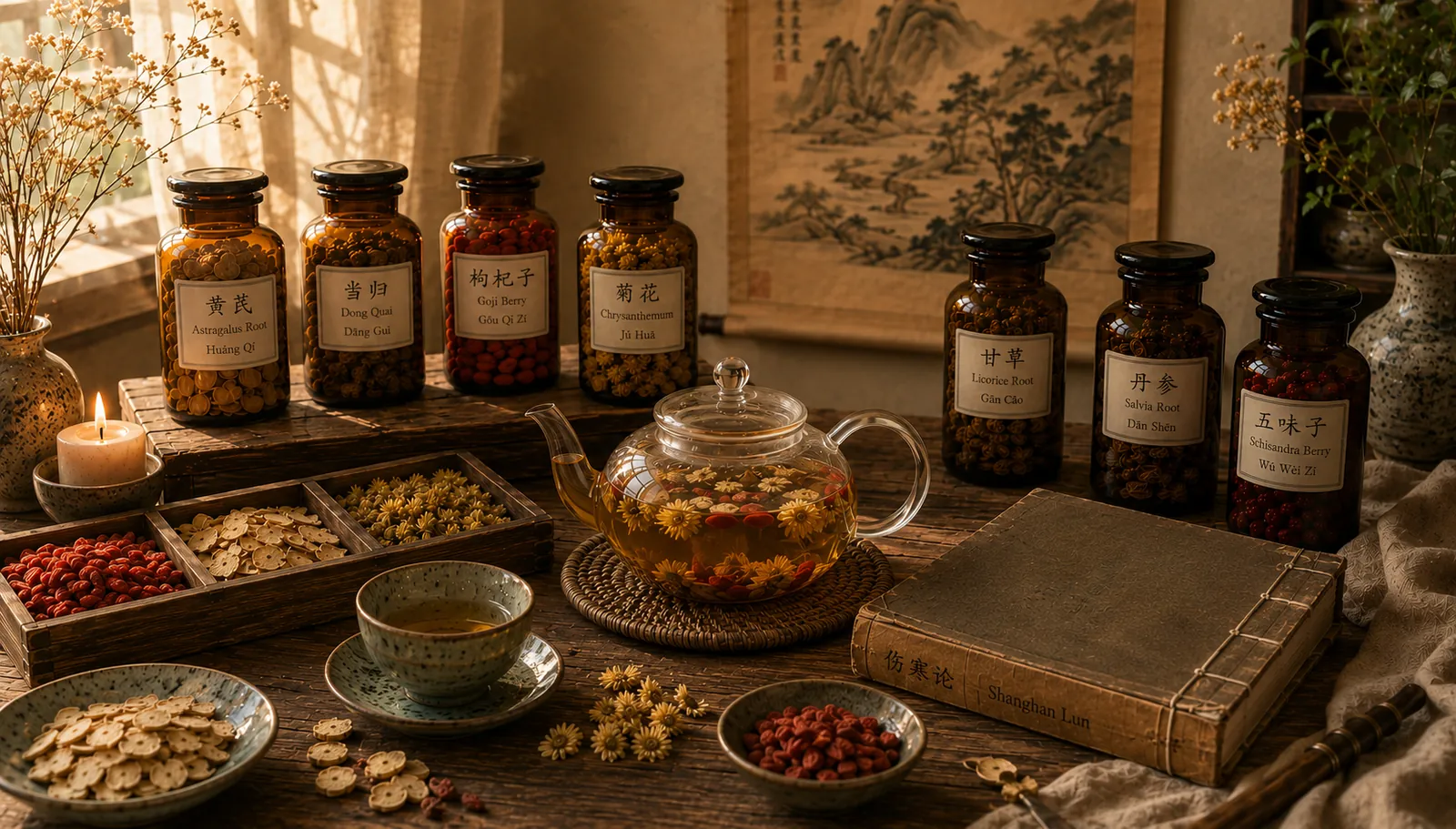 A candlelit wooden table arranged with apothecary jars of dried Chinese herbs, a glass teapot of chrysanthemum tea, small dishes of herbs, and a classic Chinese medicine text