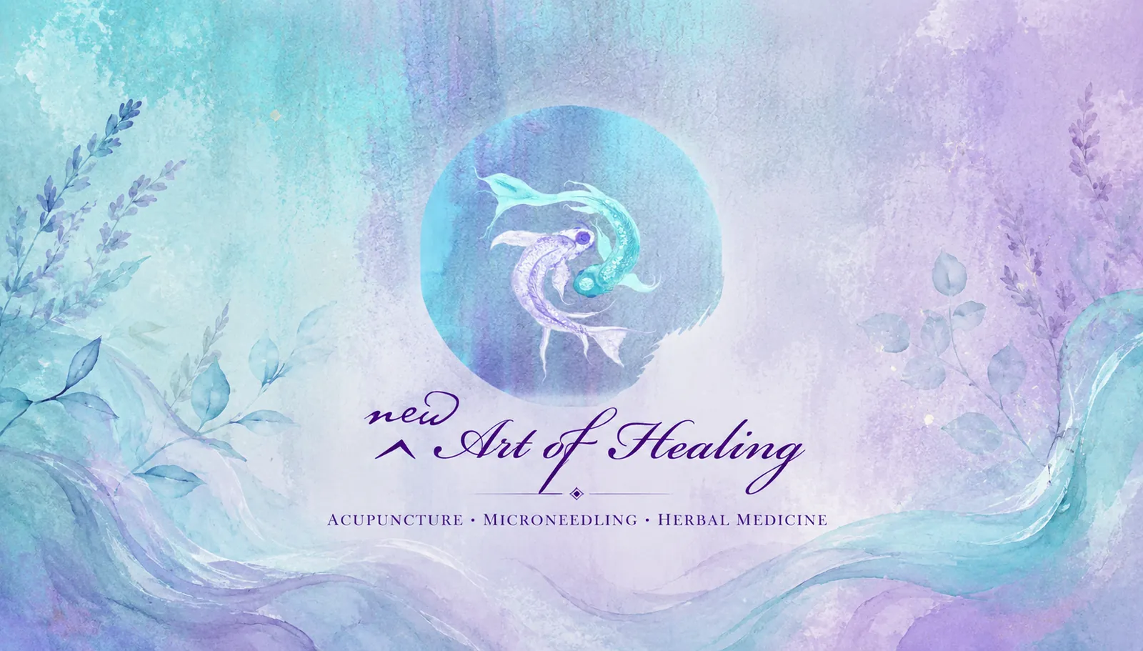 New Art of Healing, with a watercolor koi emblem above the clinic wordmark and its three services: Acupuncture, Microneedling, and Herbal Medicine