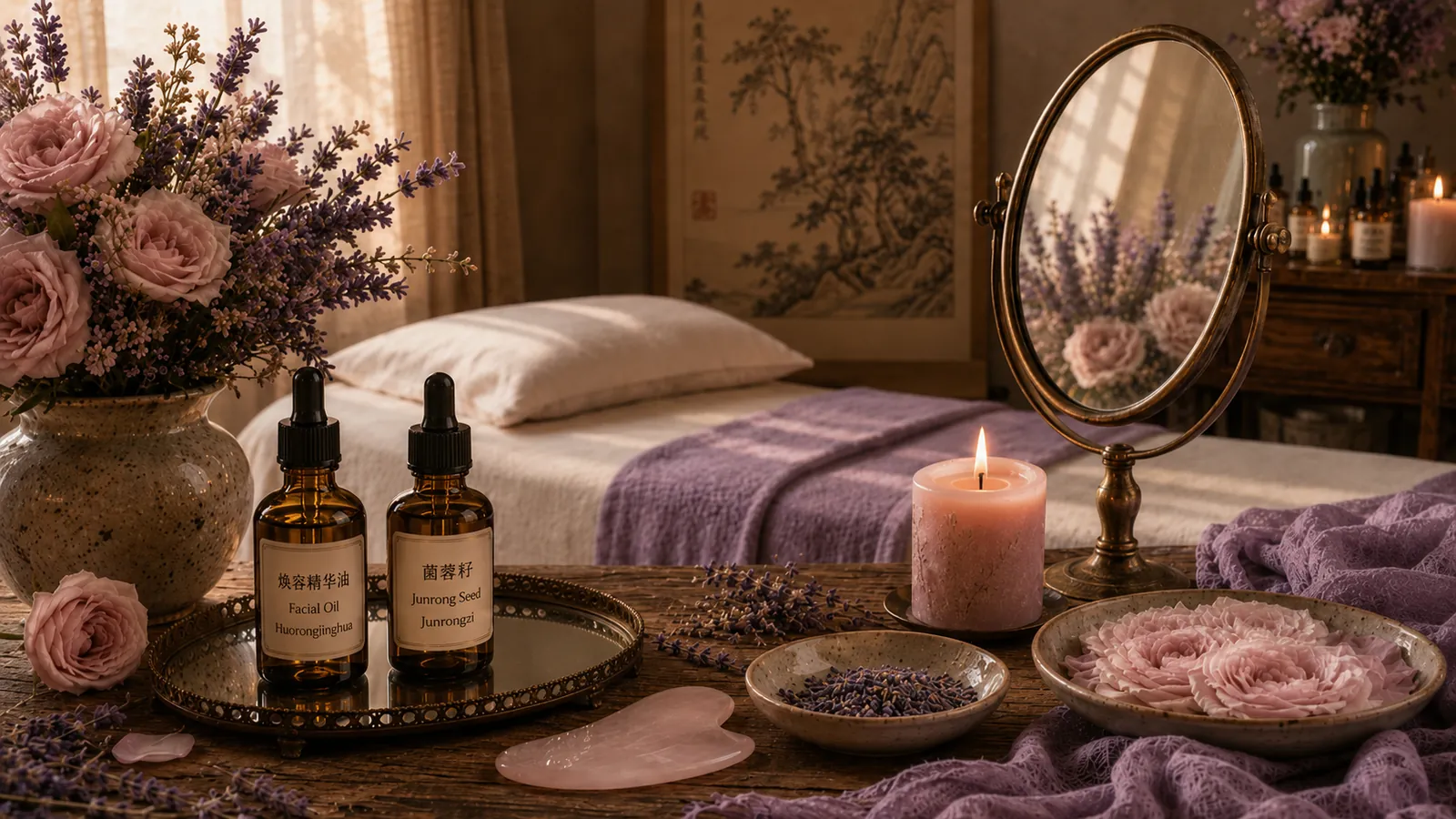 A softly lit treatment room styled in mauve and rose, with a vase of roses and lavender, two amber dropper bottles on a mirrored tray, a lit candle, a brass vanity mirror, and a rose-quartz GuaSha