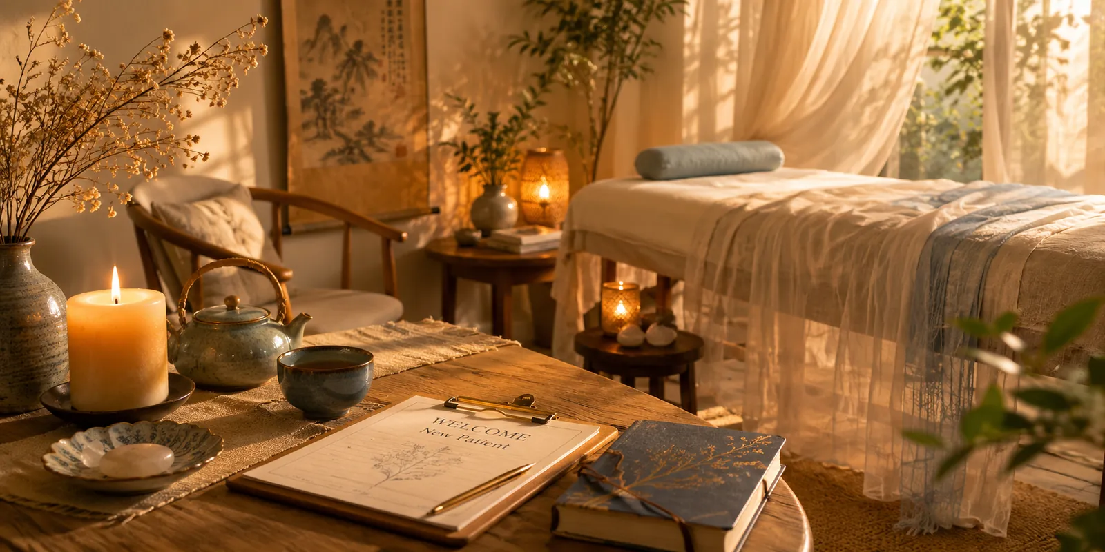 A warm, candlelit treatment room with a draped table, a teapot and cup, dried botanicals, and a clipboard reading 'Welcome, New Patient' on a side table